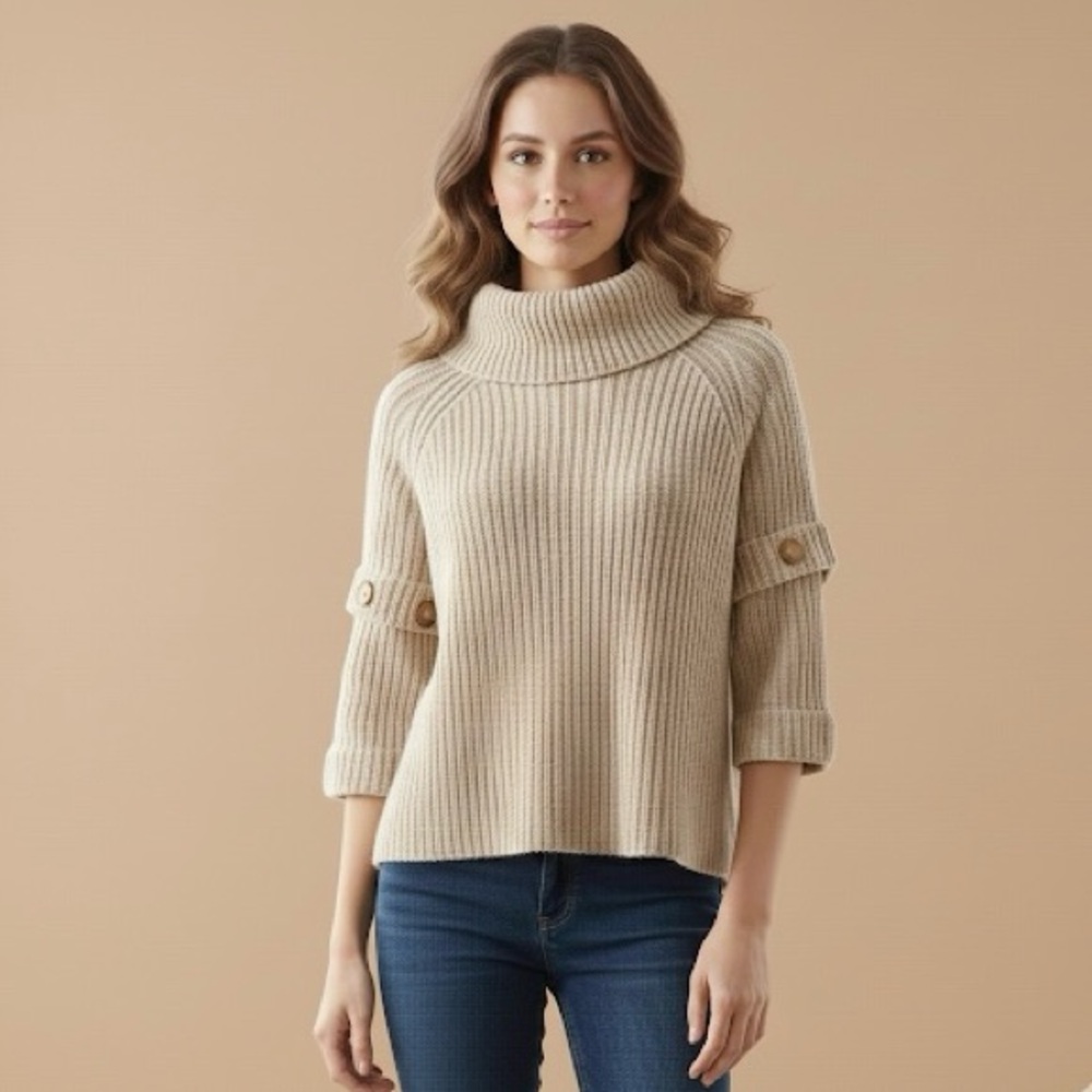 NWOT Ann Taylor Petite XXSP Quarter Sleeve Tan, Cowl Neck Sweater